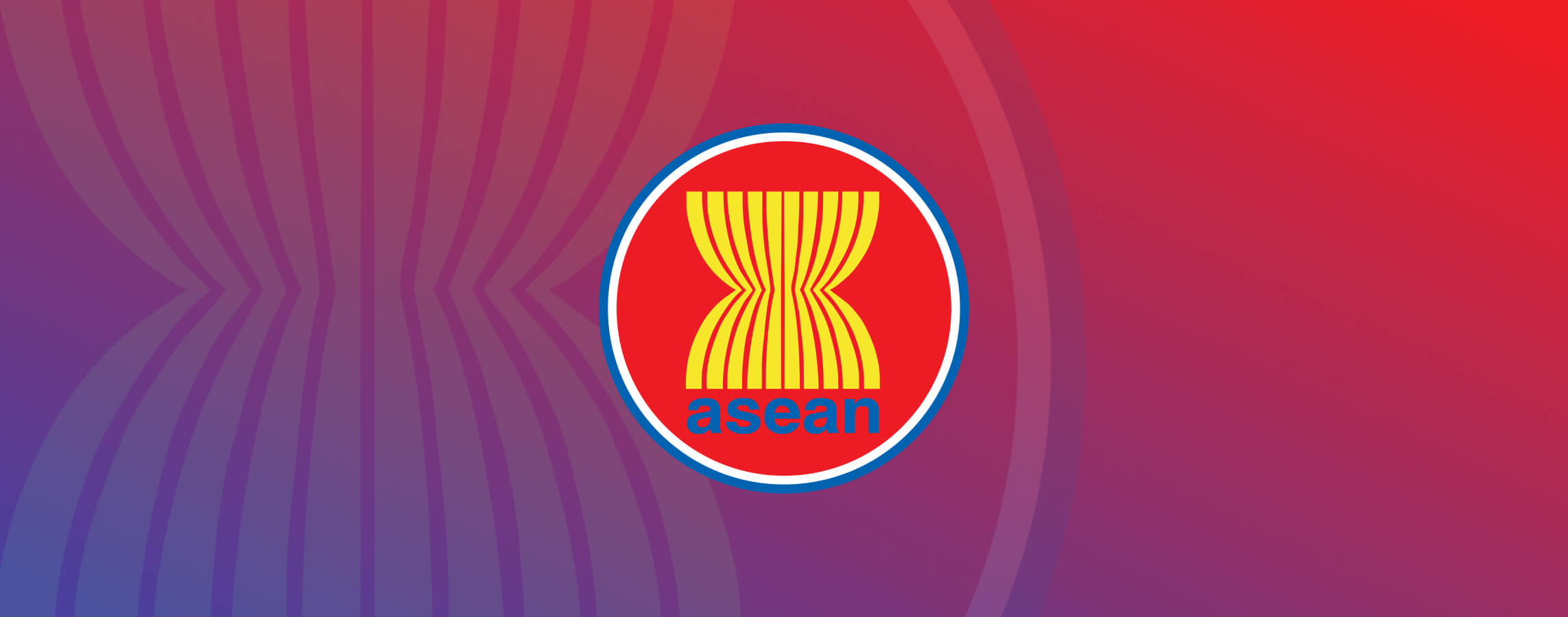 ASEAN logo: red circle with yellow strands emblem and blue 'asean' text on a red-blue gradient background
