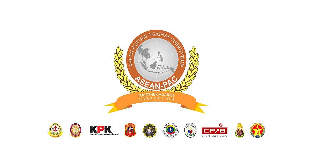 ASEAN-PAC emblem with globe and laurel, orange ribbon reading 'Together Against Corruption', and row of partner insignias below.