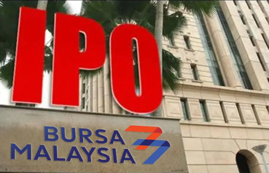 Large red 'IPO' sign above a building entrance with 'BURSA MALAYSIA' logo in blue and orange below.